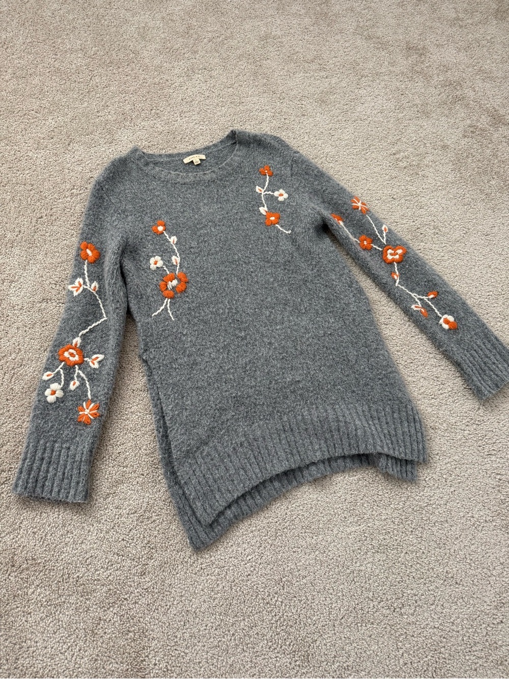 Gray Floral Embroidered Crewneck Sweater